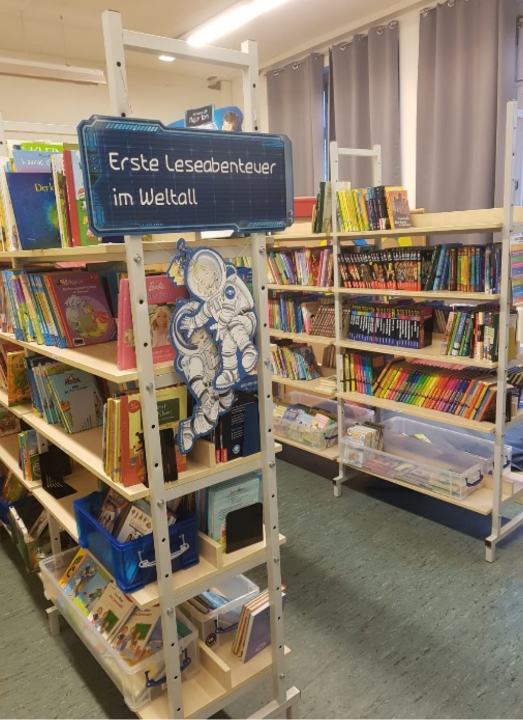 Regale der Schülerbücherei mit vielen bunten Kinderbüchern