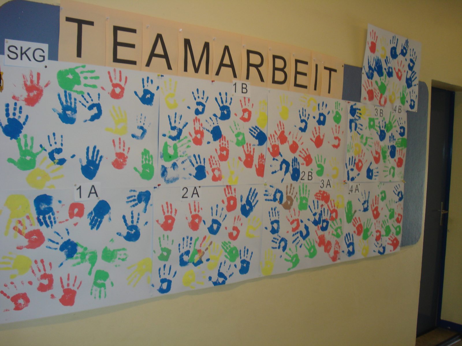 Wand mit bunten Handabdrücken aller Klassen unter dem Wort Teamarbeit